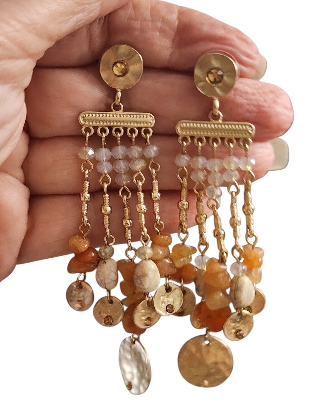 Gold Tone Orange Cream Bead Chandelier Earrings